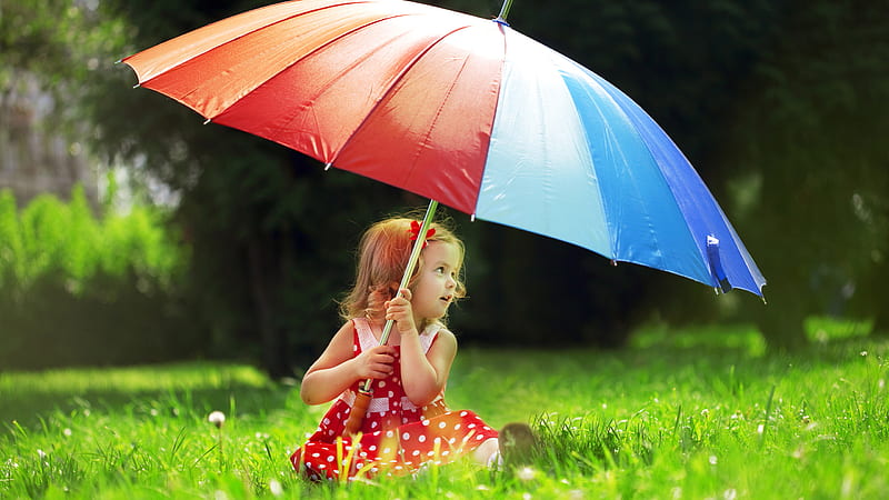 Cute Little Girl Is Sitting On Grass Under Colorful Umbrella Wearing White Dots Red Frock Cute, HD wallpaper