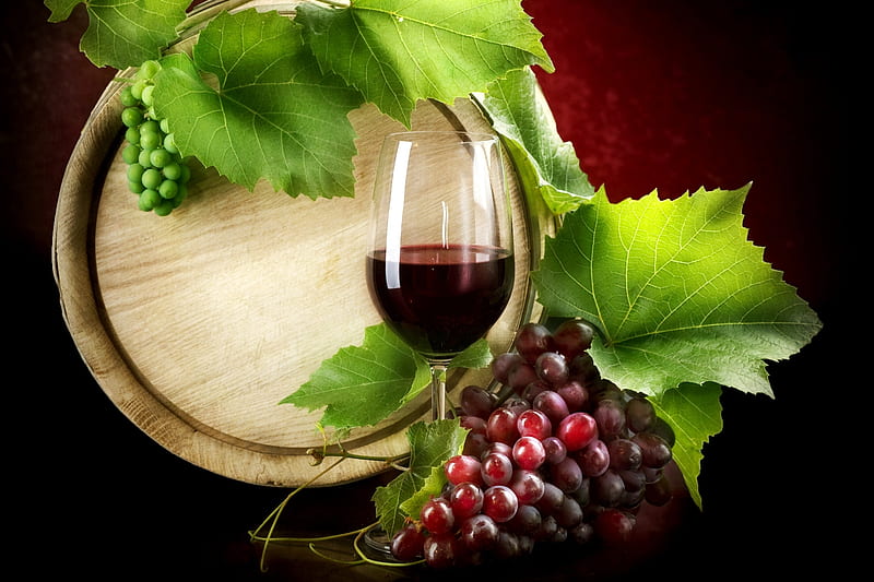 A Glass of Wine, grapes, fruit, leaves, barrel, HD wallpaper