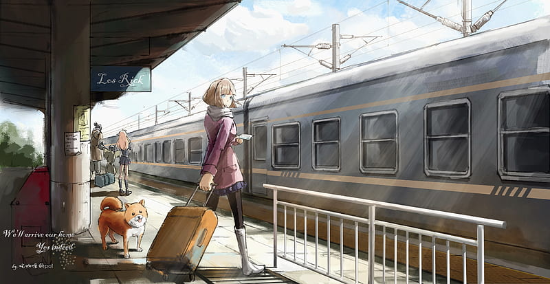 Anime, Girl, Suitcase , Dog , Train, HD wallpaper