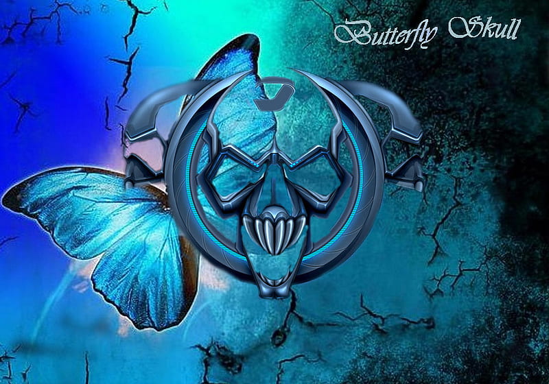 Butterfly skull, blue, black, butterfly, skull, HD wallpaper