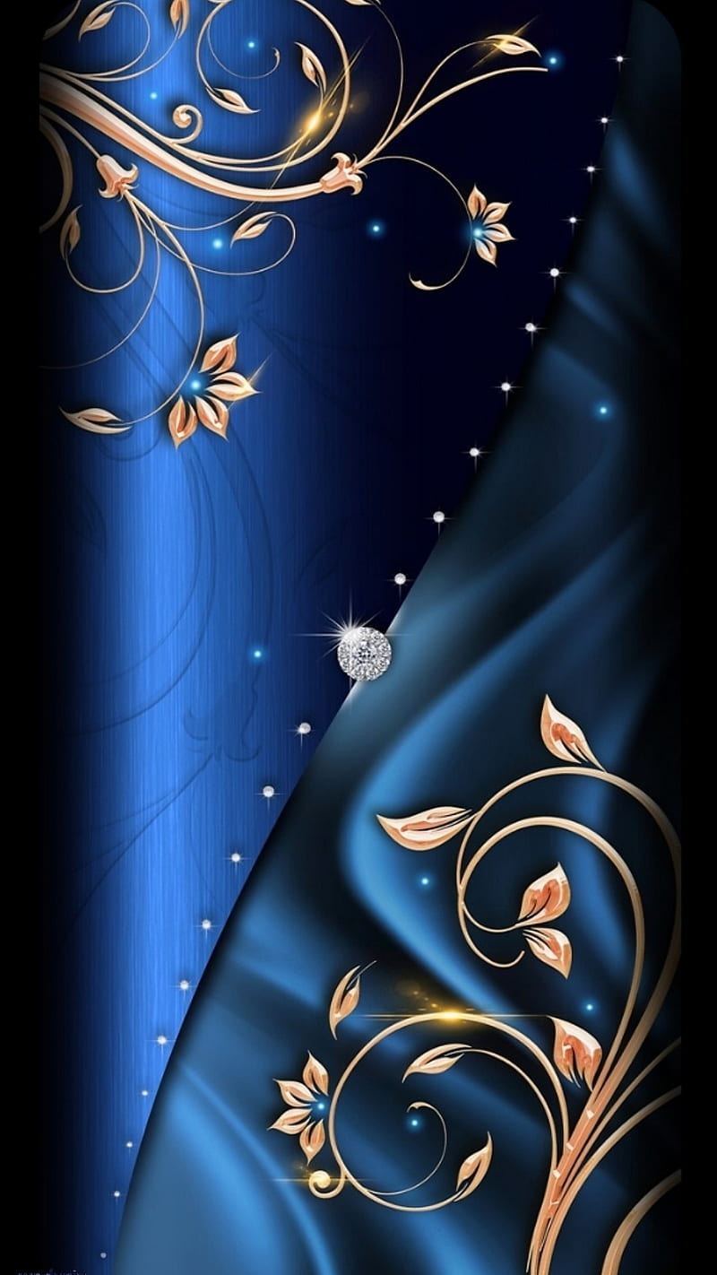 BLUE SILK-DIAMOND, gold, flowers, silk, diamond, girly, nice, shiny, pearl, HD phone wallpaper