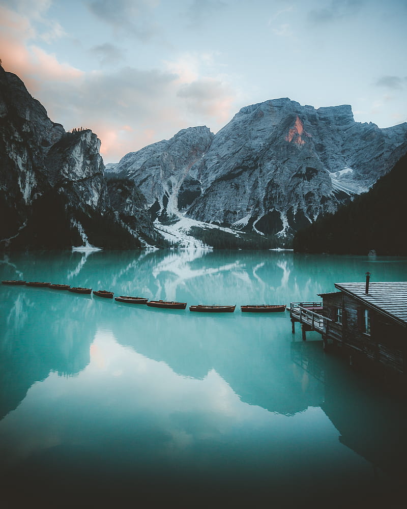 bungalow, mountains, lake, rocks, snowy, HD phone wallpaper
