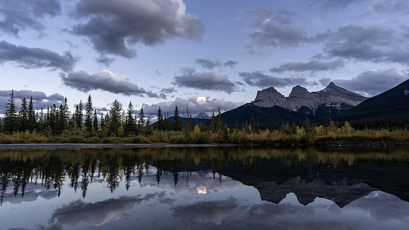 Three Sisters in the fall, Canmore, lake, peaks, clouds, trees, sky, alberta, canada, HD wallpaper