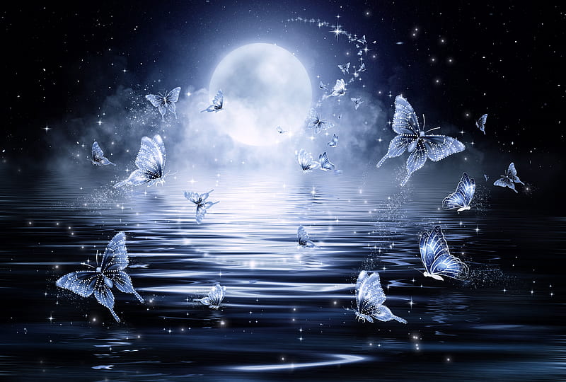 butterflies, moon, night, particles, reflection, Fantasy, HD wallpaper