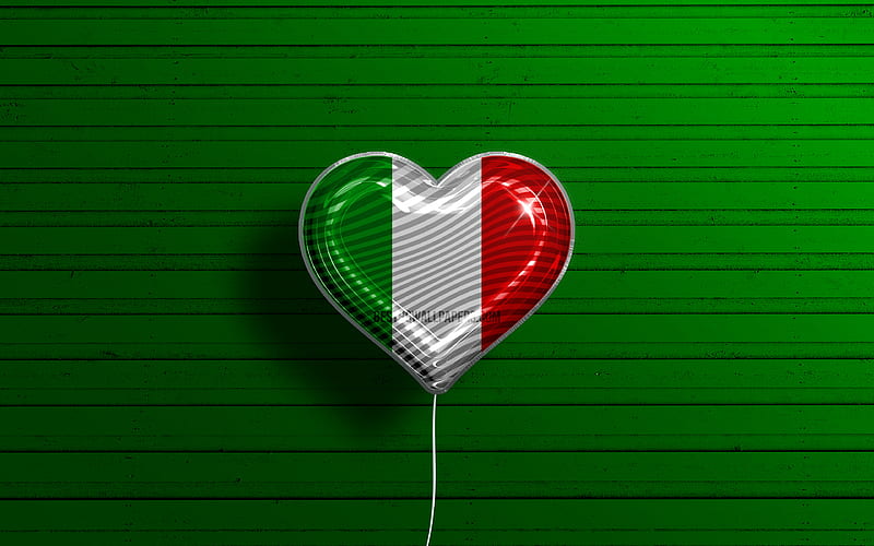 I Love Italy realistic balloons, green wooden background, Italian flag heart, favorite countries, flag of Italy, balloon with flag, Italian flag, Love Italy, HD wallpaper