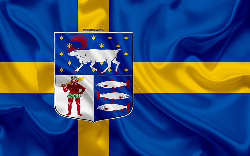 Coat of arms of Vasterbotten lan silk flag, Swedish flag, Vasterbotten County, Sweden, flags of the Swedish lan, silk texture, Vasterbotten lan, coat of arms, HD wallpaper