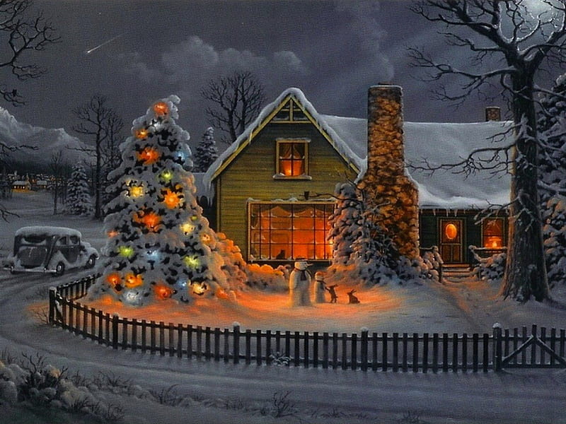 Snowmen in Winter garden, snowmen, house, christmas, snow, garden, winter, HD wallpaper