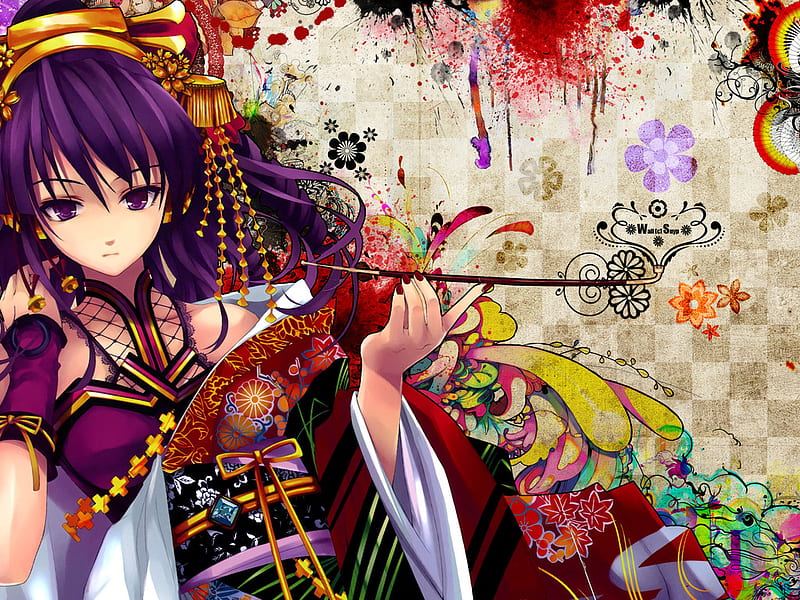 Misaki Kuehito, pretty, colorful, stunning, purple hair, bonito, kimono,  sexy, HD wallpaper | Peakpx