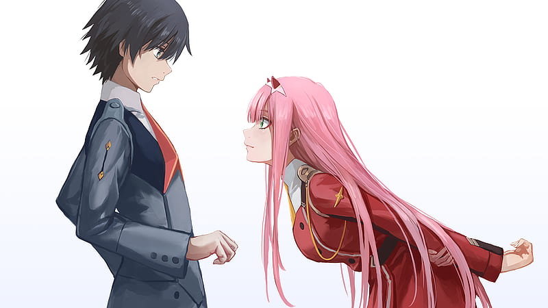 Darling In The FranXX Zero Two Hiro Zero Two Bend And Seeing Hiro Face With White Background Anime, HD wallpaper
