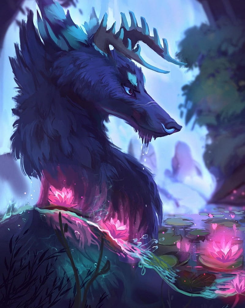 Water Creature, blue, creature, dog, dragon, horns, lily, pink, purple, water, wolf, HD phone wallpaper