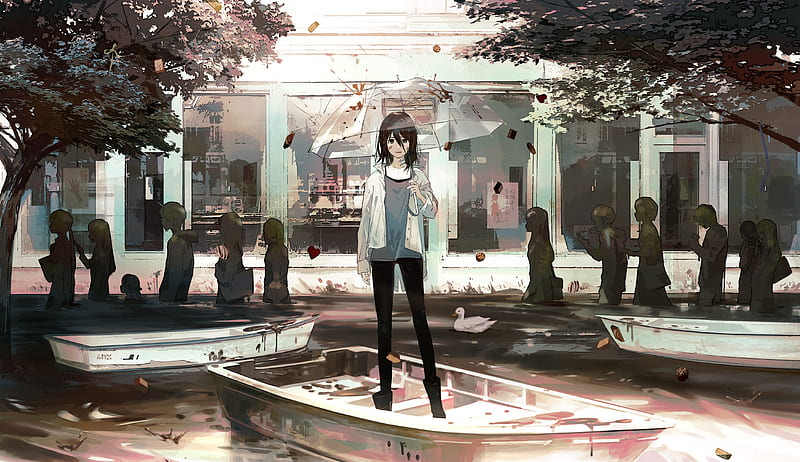 anime girl, band-aid, transparent umbrella, people, urban, polychromatic, Anime, HD wallpaper