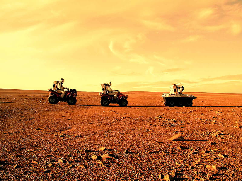 Mars Project, buggies, desert, planet, people, space suits, mars, HD wallpaper