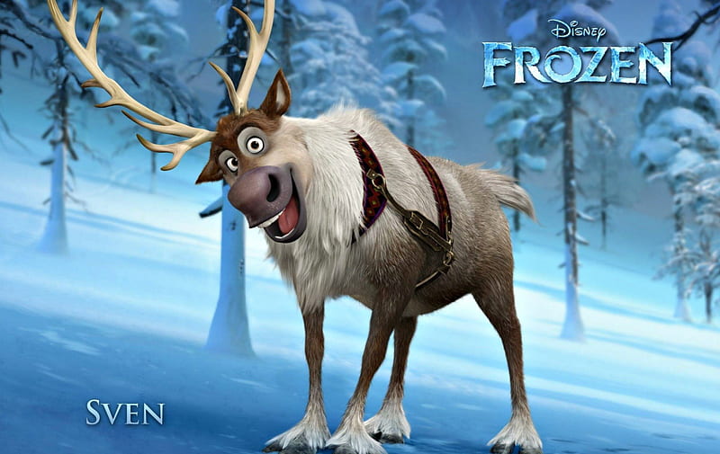 Frozen (2013), movie, animal, horns, winter, tree, snow, reindeer, white, sven, frozen, disney, blue, HD wallpaper