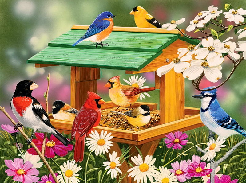 Spring feast, pretty, colorful, bonito, cardinals, painting, feast, flowers, friends, art, lovely, birds, spring, joy, trees, freshness, saisies, birdhouse, blossoms, blooming, HD wallpaper