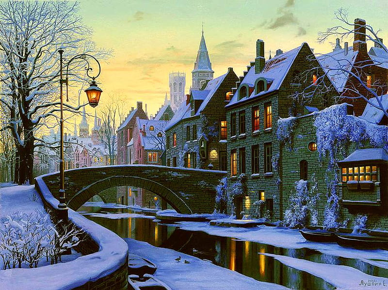 Eugene Lushpin. Winter evening in Bruges, eugene lushpin, art, christmas, bruges, sunset, winter, tree, snow, bridge, drawing, painting, ice, nature, evening, HD wallpaper