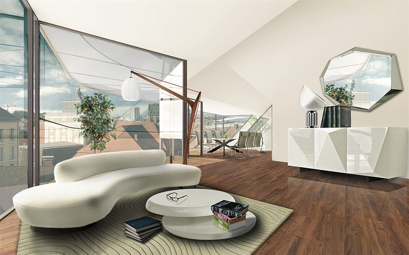 modern interior design, bedroom, 3D mirror on the wall, 3D furniture, polygon furniture, stylish furniture, HD wallpaper