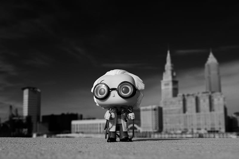 Doc Brown Cle, back to the future, black and white, city, funko, funko pop, funkopop, movie, movies, toy, toys, HD wallpaper