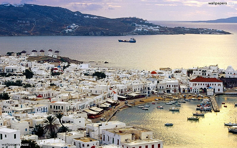 Mykonos, Greece, Greece, ship, town, Mykonos, sea, HD wallpaper