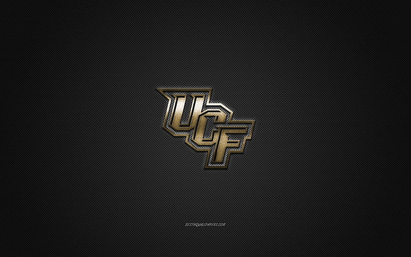 UCF Knights logo, American football club, NCAA, golden logo, gray carbon fiber background, hockey, Orlando, Florida, USA, UCF Knights, HD wallpaper