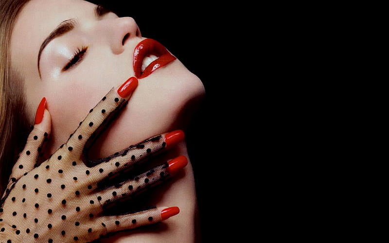 passion, red, girl, cloves, black, face, lips, woman, sexy, HD wallpaper