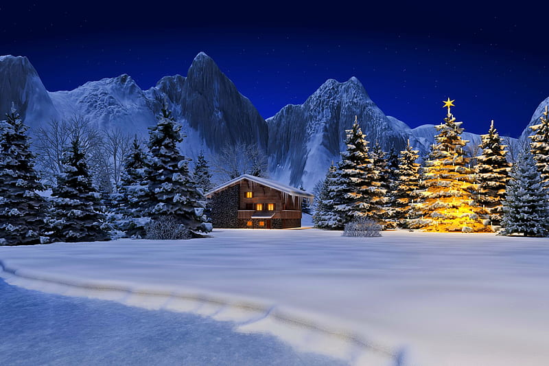 Christmas in mountains, hills, rocks, chalet, christmas, holiday, dusk, new year, lights, winter, cold, mountain, tree, snow, ice, frost, HD wallpaper