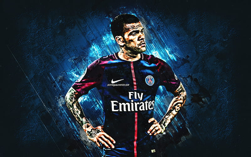 Dani Alves, PSG, defender, joy, blue stone, famous footballers, football, Paris Saint-Germain, Brazilian footballers, grunge, Ligue 1, France, HD wallpaper