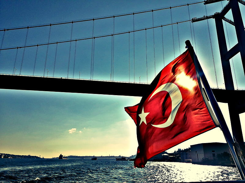 Turkish flag , bayrak turkiye deniz, kopru manzara, HD wallpaper