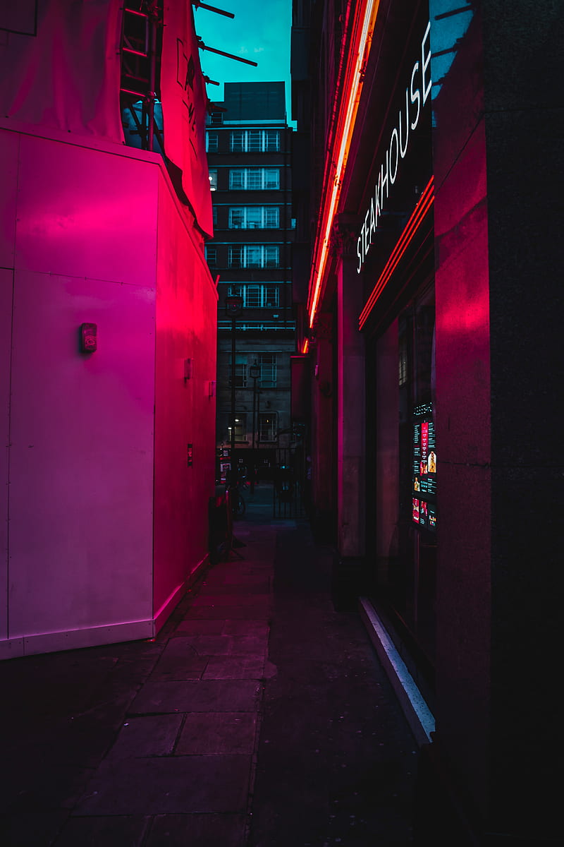 alleyway, buildings, neon, lights, night, HD phone wallpaper