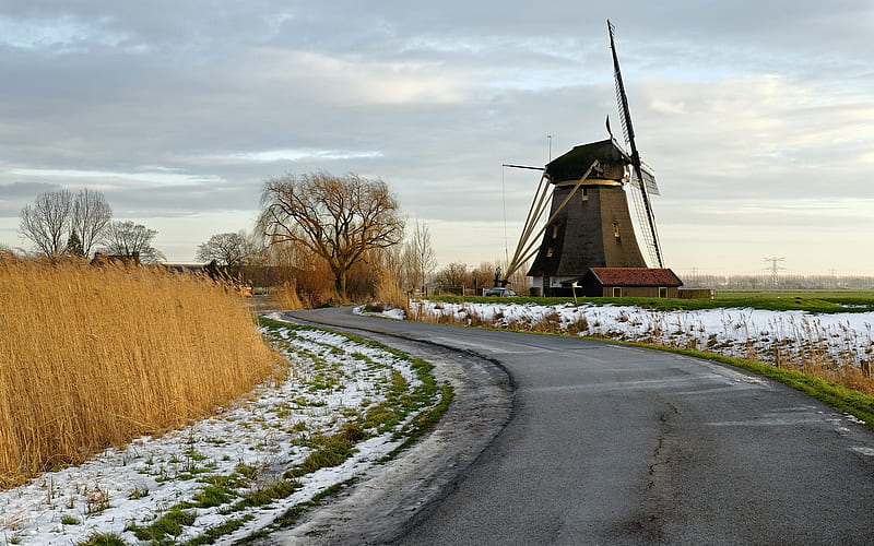 Mill at Gein, Netherlands, windmill, road, Netherlands, winter, HD wallpaper