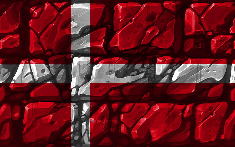 Danish flag, brickwall European countries, national symbols, Flag of Denmark, creative, Denmark, Europe, Denmark 3D flag, HD wallpaper