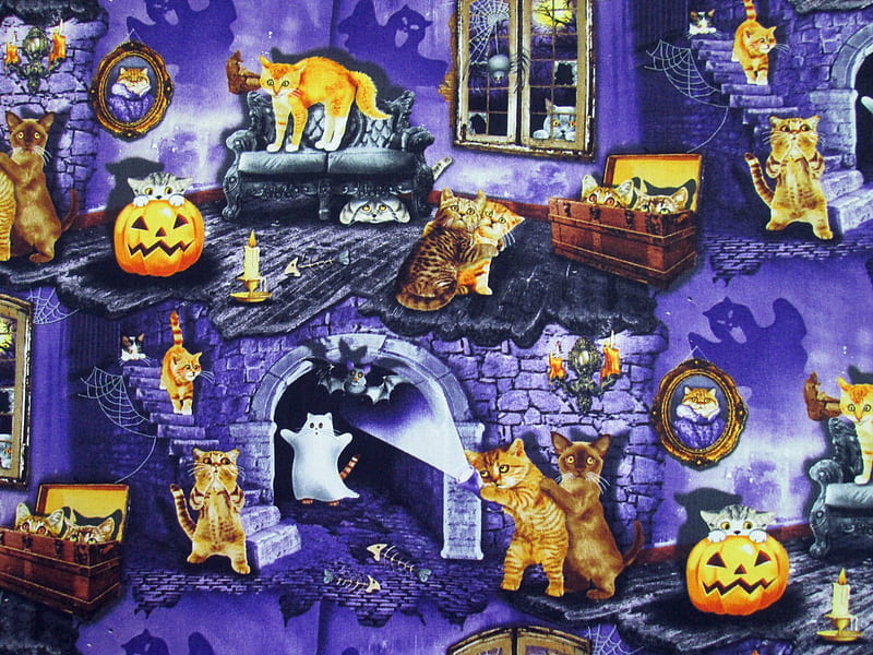 Halloween Cat House, house, jack o lanterns, stairs, spider, trunks, moon, full moon, bat, fish bones, couch, loveseat, bones, webs, window, kittens, spider webs, candles, chests, ghosts, candelabras cats, sofa, pumpkins, steps, HD wallpaper