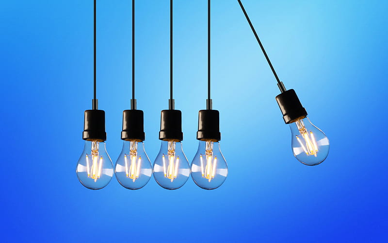 light bulbs, blue background, idea concepts, business concepts, light bulbs on wires, HD wallpaper