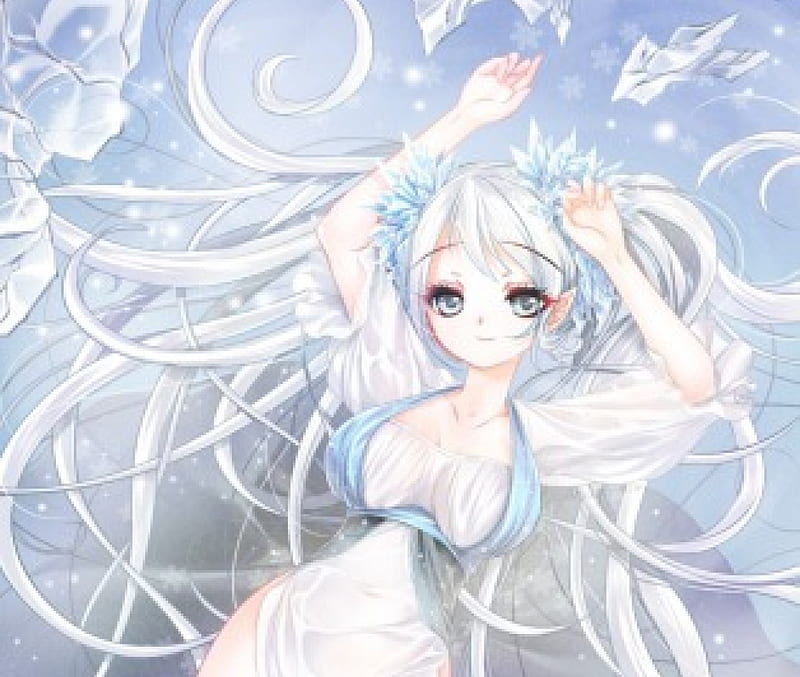 Ice elf, pretty, white hair, bonito, woman, anime, beauty, long hair, blue, art, female, lovely, elf, soft, cute, girl, ice, lady, HD wallpaper Ice elf, pretty, white hair, bonito, woman, anime, beauty, long hair, blue, art, female, lovely, elf, soft, cute, girl, ice, lady, HD wallpaper