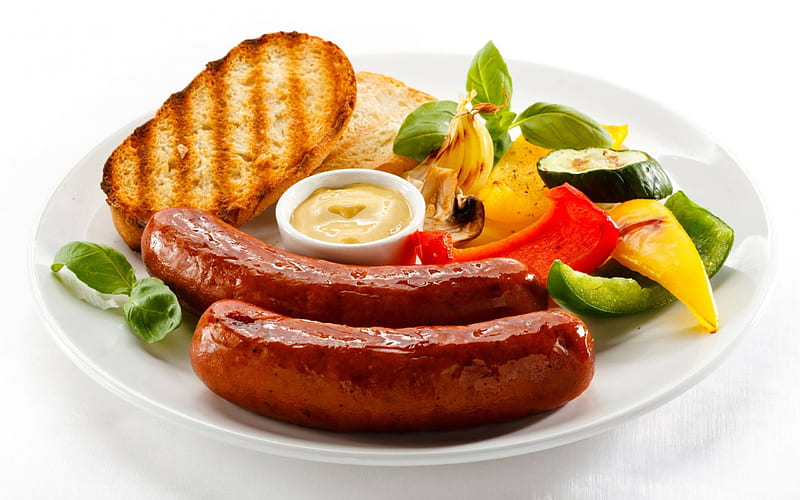Beef sausages, sausages, beef, mint, food, plate, gravey, HD wallpaper