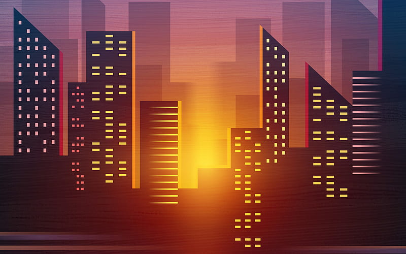 abstract cityscape, buildings, sunset, abstract art, minimal, HD wallpaper