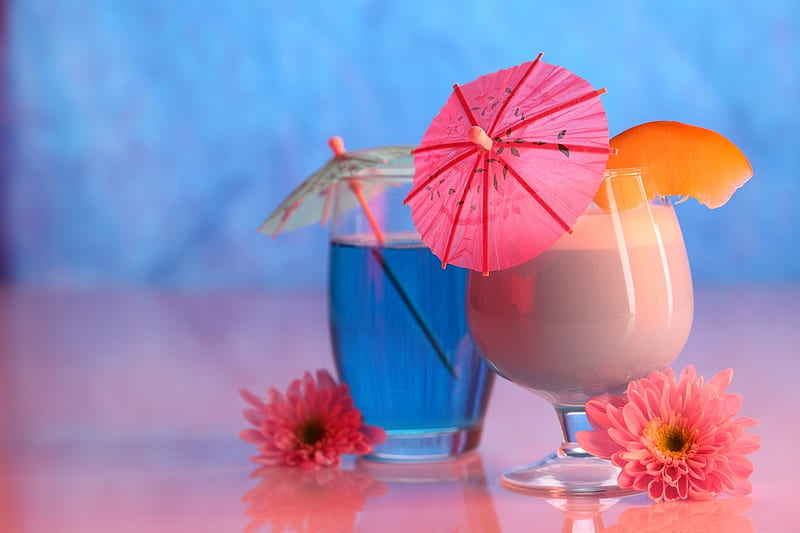 *Pretty Drinks*, pretty, liquid, juice, orange, umbrella, cocktails, beverage, sweet, smoothie, flowers, drink, treat, tropical, pink, blue, HD wallpaper