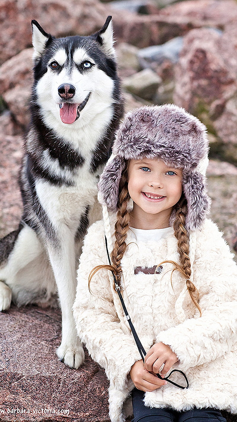 Child and dog, wolf, girl, model, puppy, celebrity, beauty, actress, woman, young, splendor, HD phone wallpaper