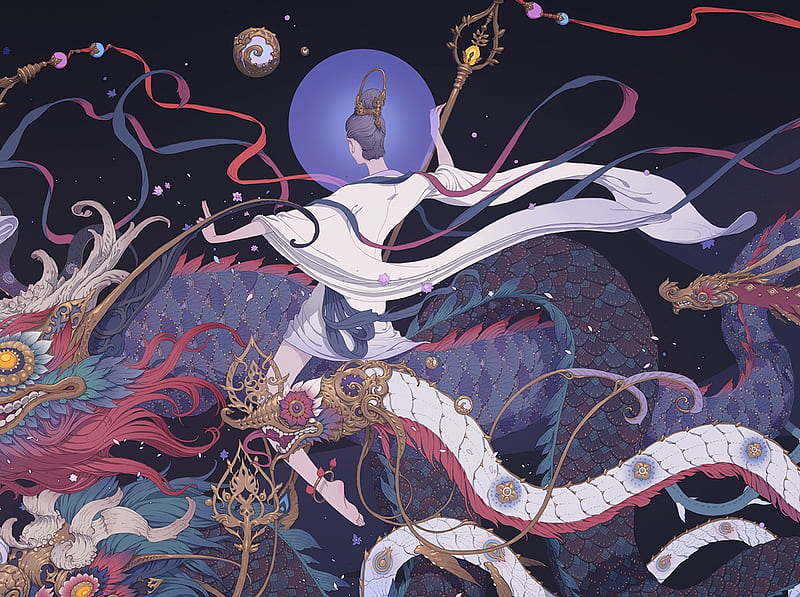 Dancing with dragons by Liuyuan Lange, fantasy, luminos, girl, lange, dance, dragon, pink, blue, HD wallpaper