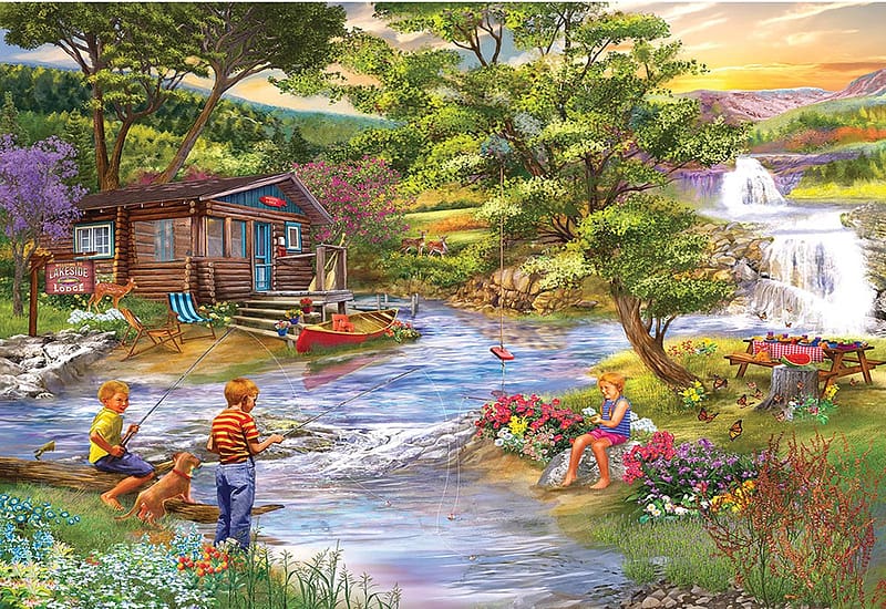 Fishing From The Banks, house, boys, river, painting, waterfall, trees, HD wallpaper