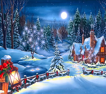 Christmas Village, christmas tree, snow, bridge, houses, painting ...