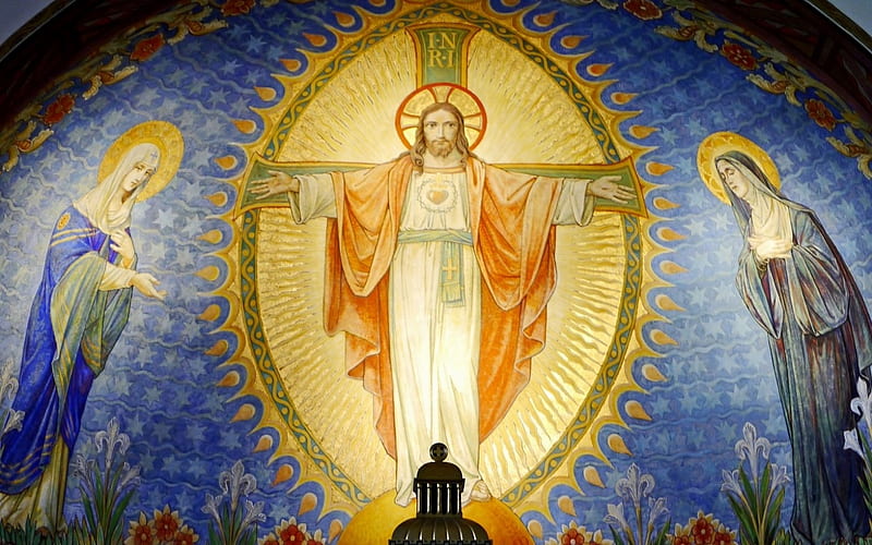 Jesus, Mary and Saint, fresco, Mary, Jesus, Saint, dome, church, HD wallpaper