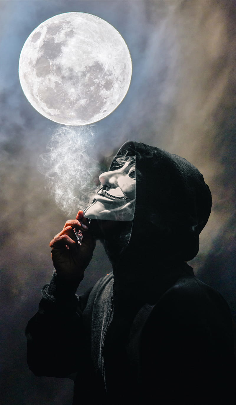 smoke moon, HI, black, fawkes mask, fullmoon, hand, hooded, hoodie, jacket, light, male, man, mask, night, smoke bomb, white moon, HD phone wallpaper