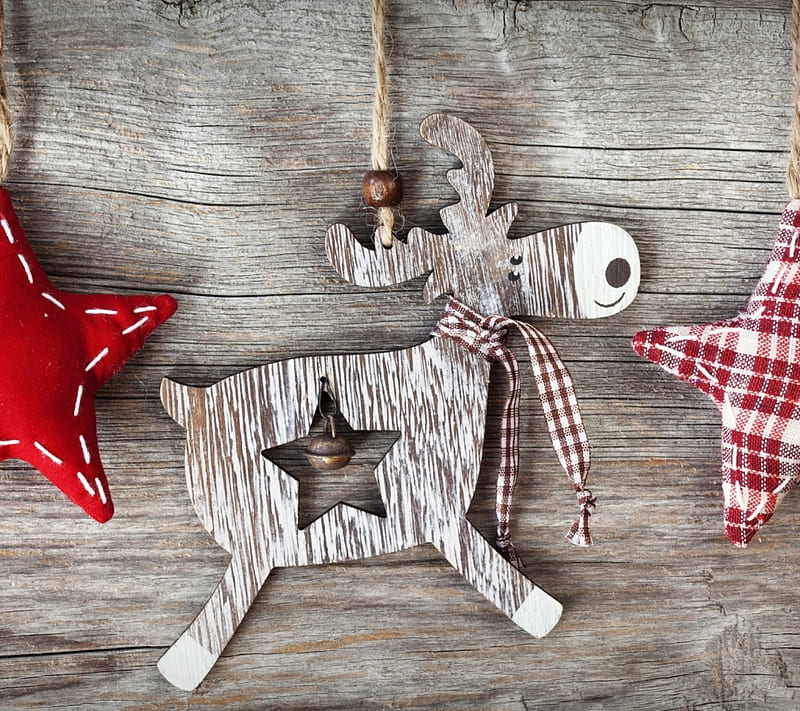 Merry Christmas!, red, deco, craciun, christmas, reindeer, wood, figurine, star, HD wallpaper