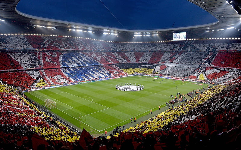 football, stadium, Allianz Arena, FC Bayern Munchen, football pitch, Germany, UEFA Champions League, HD wallpaper
