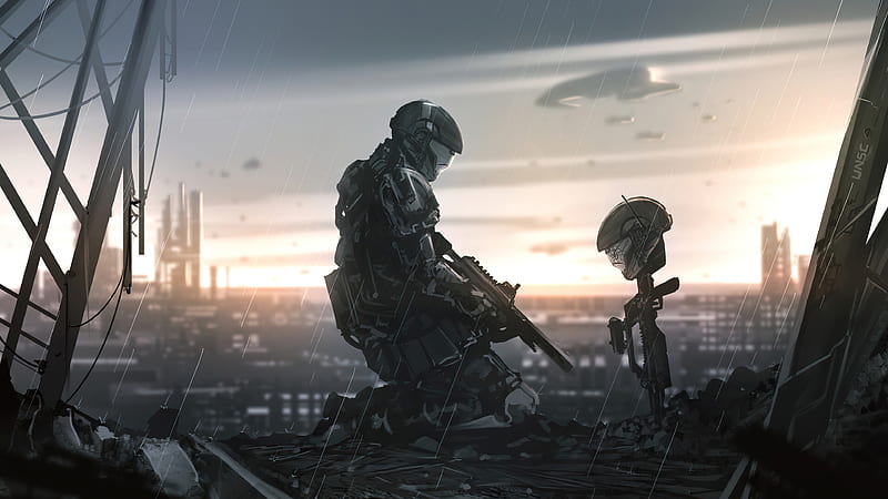 futuristic soldier, nano suit, raining, grieving, Sci-fi, HD wallpaper