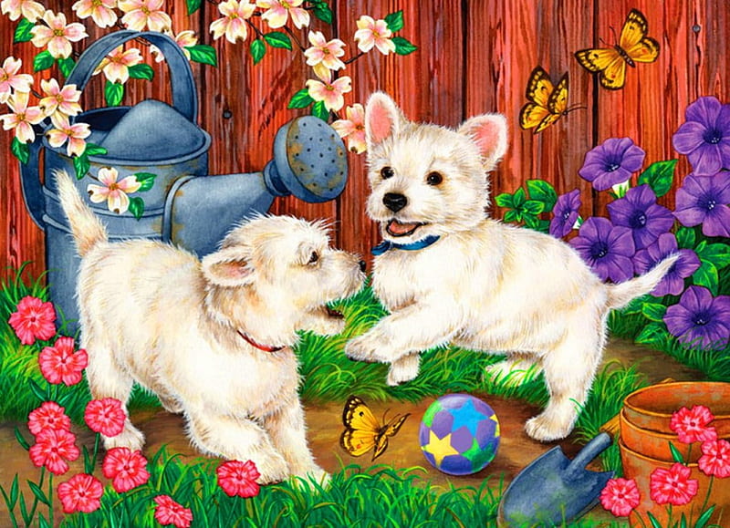 Playing puppies, pretty, colorful, grass, bonito, adorable, sweet, puppies, painting, flowers, toys, friends, playing, art, lovely, spring, yard, cute, blossoms, garden, blooming, dogs, HD wallpaper