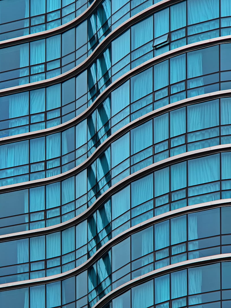 building, facade, curve, glass, blue, HD phone wallpaper