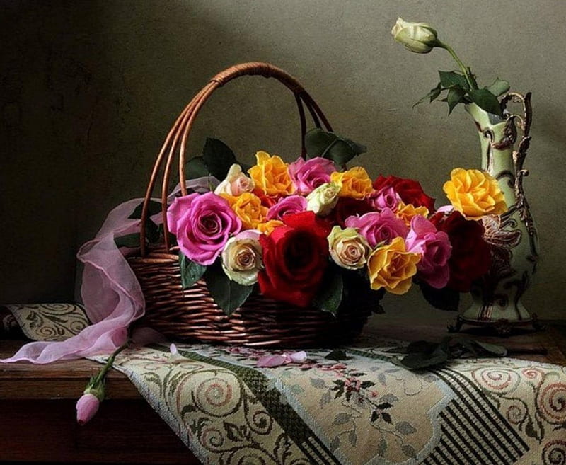 Basket roses, red, yellow, vase, still life, elegance, flowers, beauty, pink, porcelain, table, different, roses, shades, basket, multicolored, smell, nature, HD wallpaper
