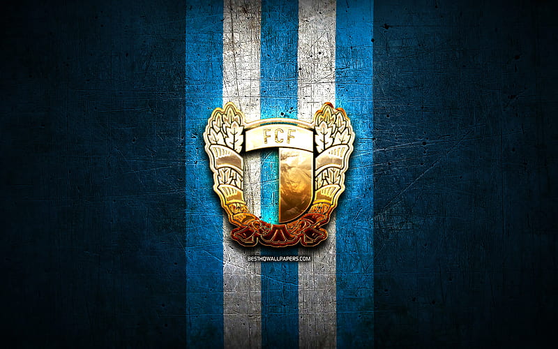 Famalicao FC, golden logo, Primeira Liga, blue metal background, football, FC Famalicao, portuguese football club, Famalicao logo, soccer, Portugal, HD wallpaper