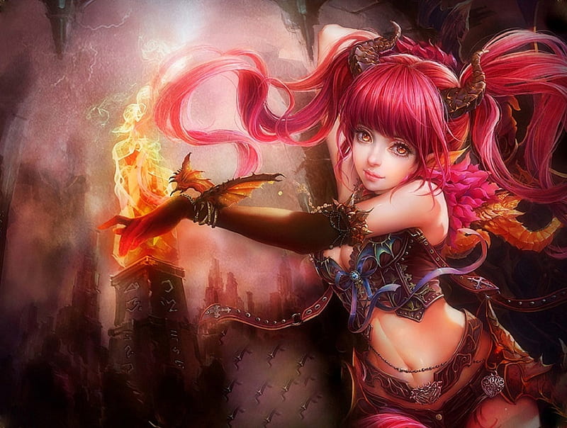*Red Sirens of War*, pretty, games, draw and paint, redhead, bonito, dragon, perfect world, warriors, Sirens of War, wars, girls, female, lovely, colors, love four seasons, creative pre-made, fan art, weird things people wear, HD wallpaper